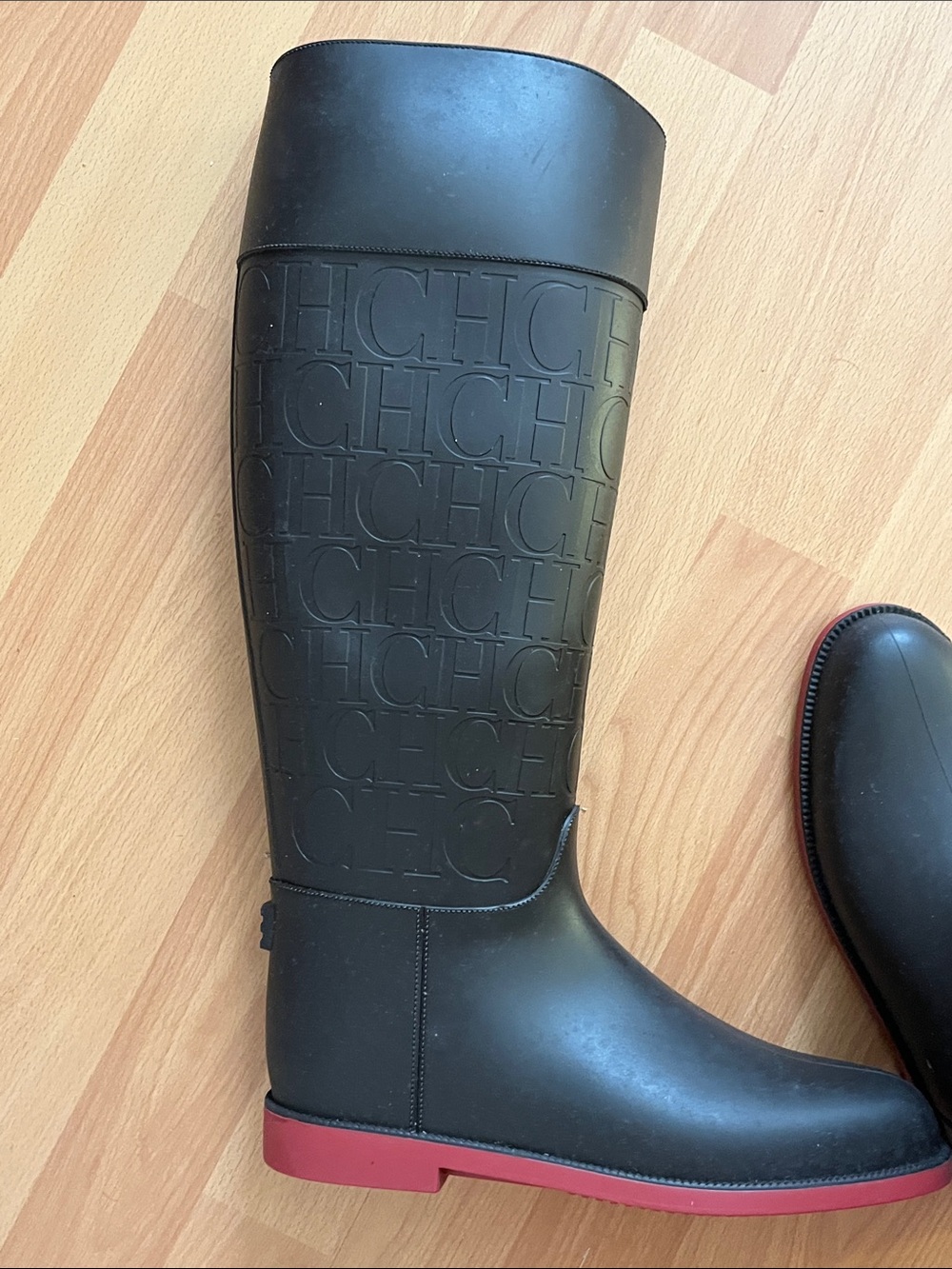 Carolina Herrera Black Tall Rain Boots with Red Bottoms
